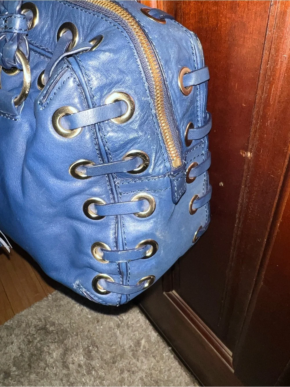 Michael Kors Blue Leather Satchel Handbag with Braided Handles and Tassels